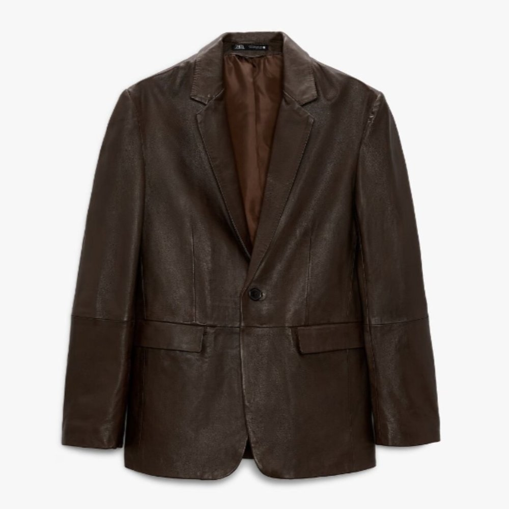 ZARA MAN 100% LAMB SKIN LEATHER BROWN BLAZER